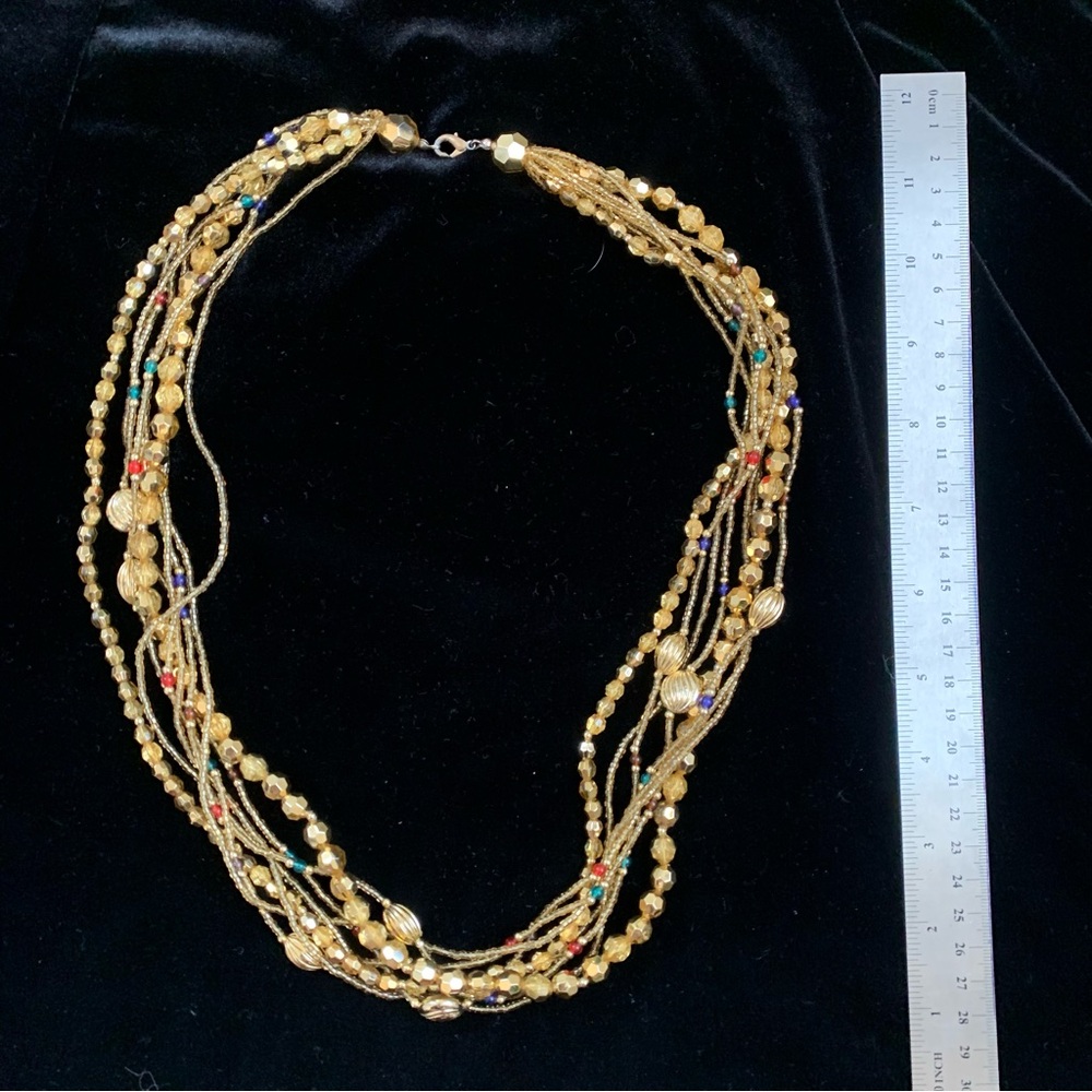 VINTAGE GOLD TONE BEADED MULTISTRAND CHUNKY MULTI COLOR NECKLACE